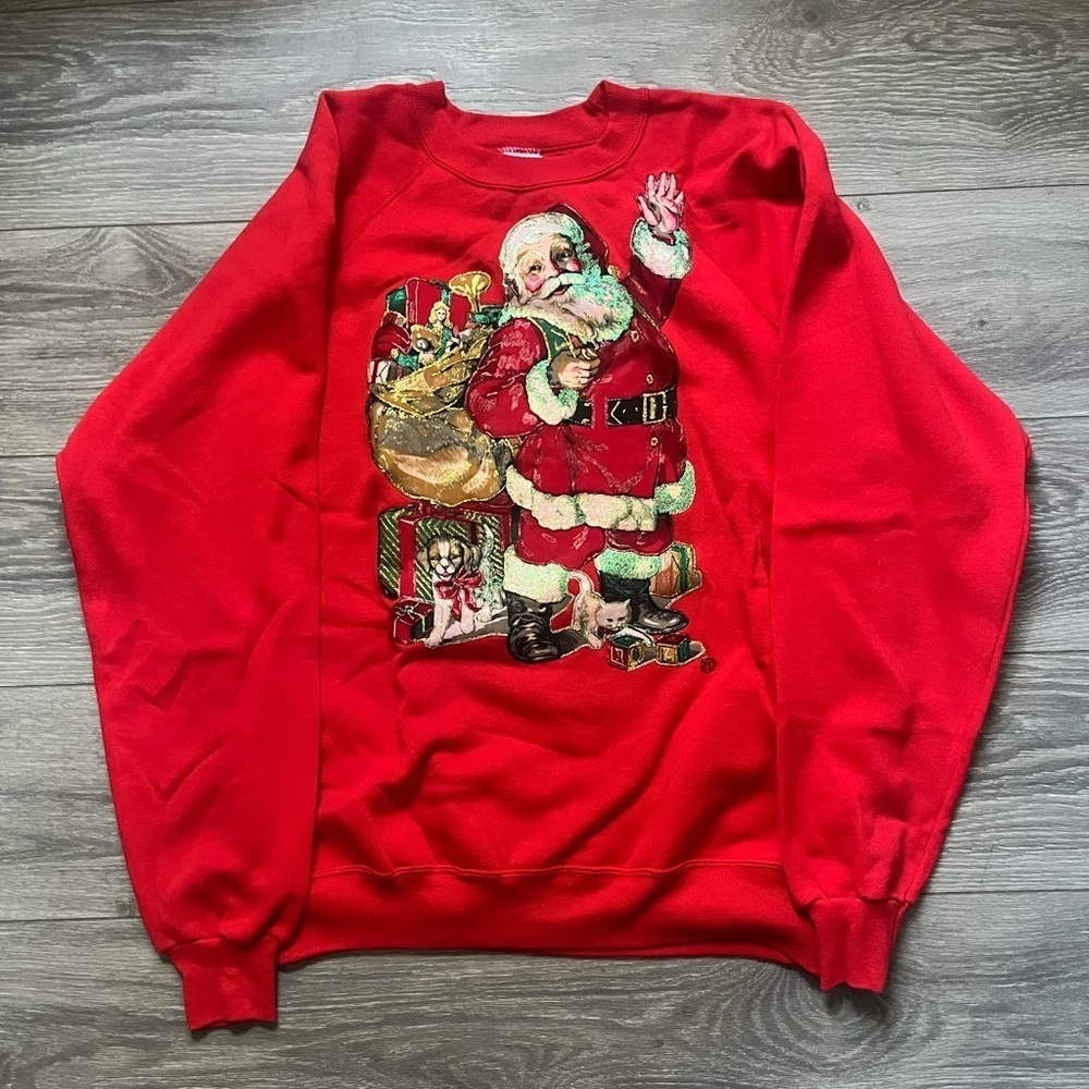 Hanes Activewear Red Homemade Santa Glitter Screen Print Christmas Sweatshirt XL